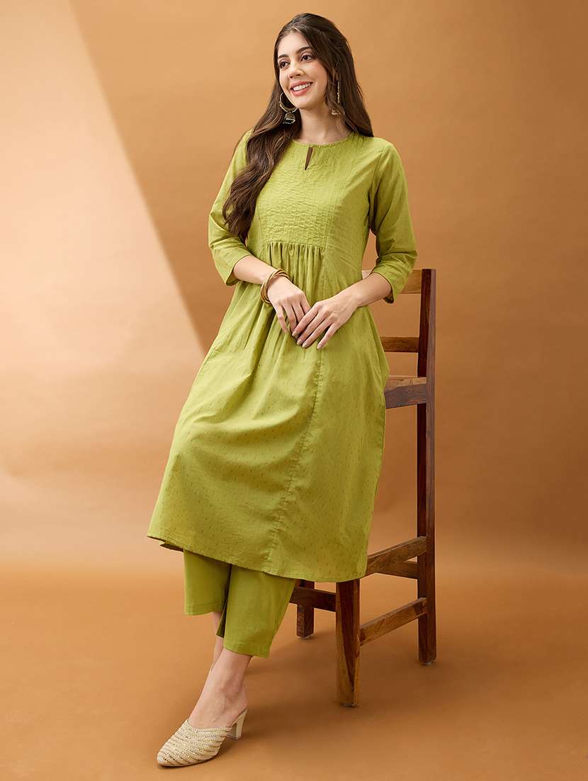 women green keyhole neck zari embroidered yoke woven design pleated a-line kurta with pants festive set - 21918784 -  Standard Image - 2