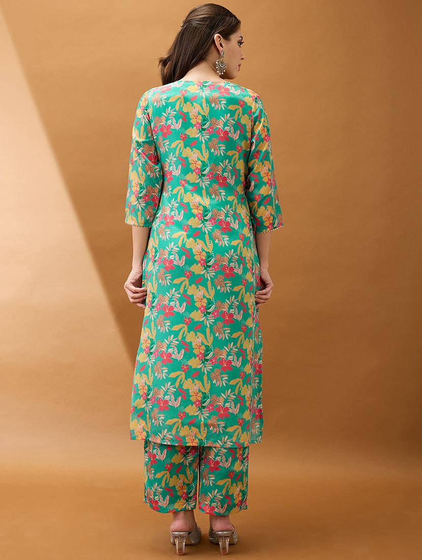 women green floral printed v-neck gotta lace straight kurta with pant set - 21918785 - Standard Image - 2