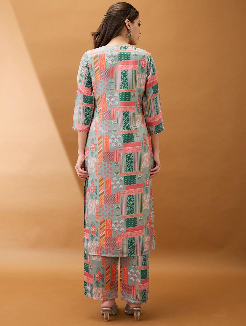 women multicolor printed v-neck gotta lace straight kurta with pant set - 21918786 - Standard Image - 2