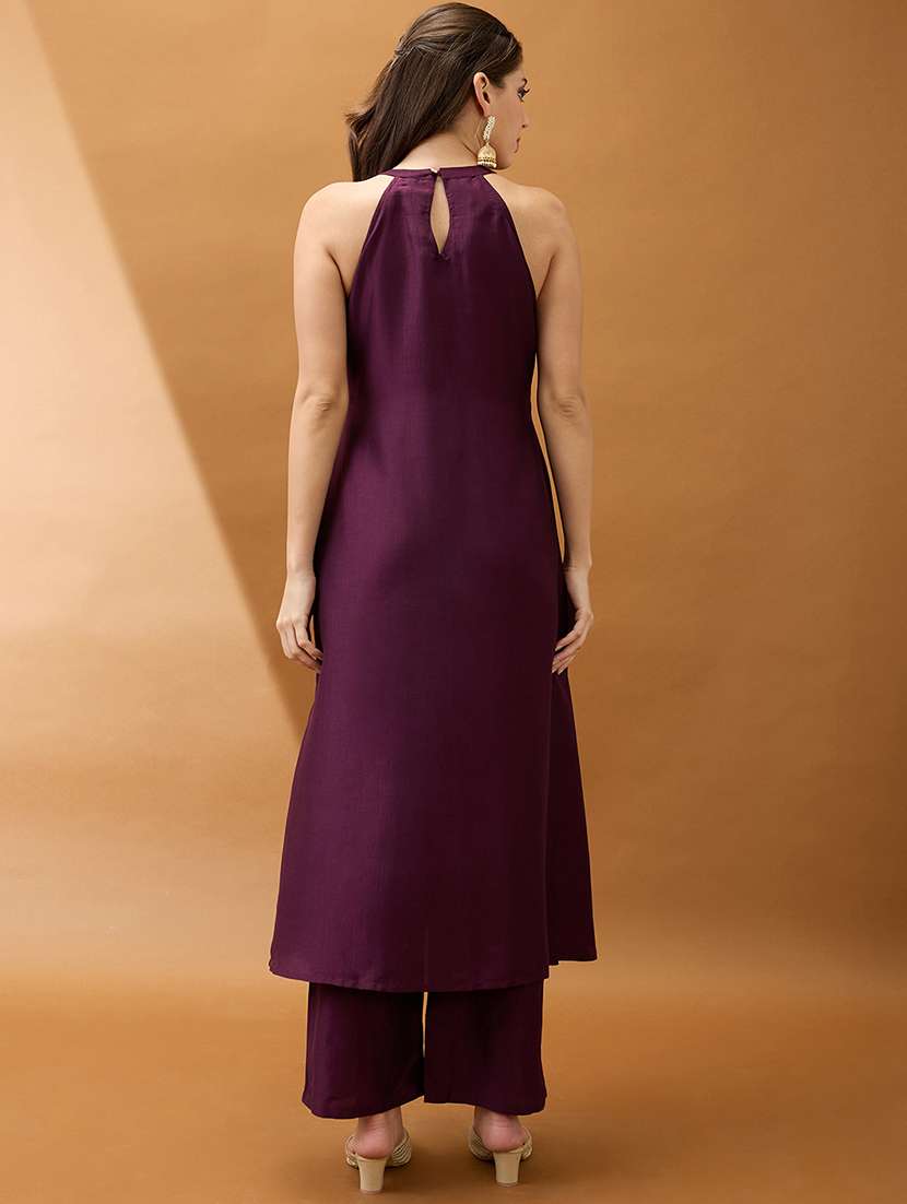 women purple floral embroidered yoke halter neck a-line kurta with straight pant festive set - 21918787 -  Standard Image - 2