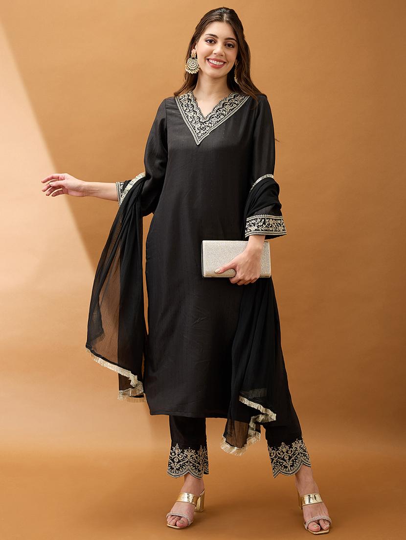 women black sequinned zari embroidered v-neck bell sleeves kurta with pant & dupatta festive set - 21918788 - Zoom Image - 0