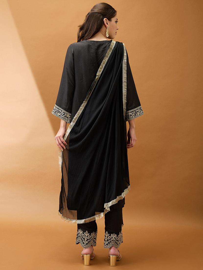 women black sequinned zari embroidered v-neck bell sleeves kurta with pant & dupatta festive set - 21918788 - Standard Image - 2