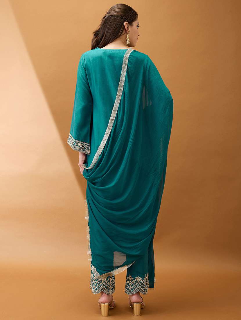 women teal sequinned zari embroidered v-neck bell sleeves kurta with pant & dupatta festive set - 21918789 - Standard Image - 2