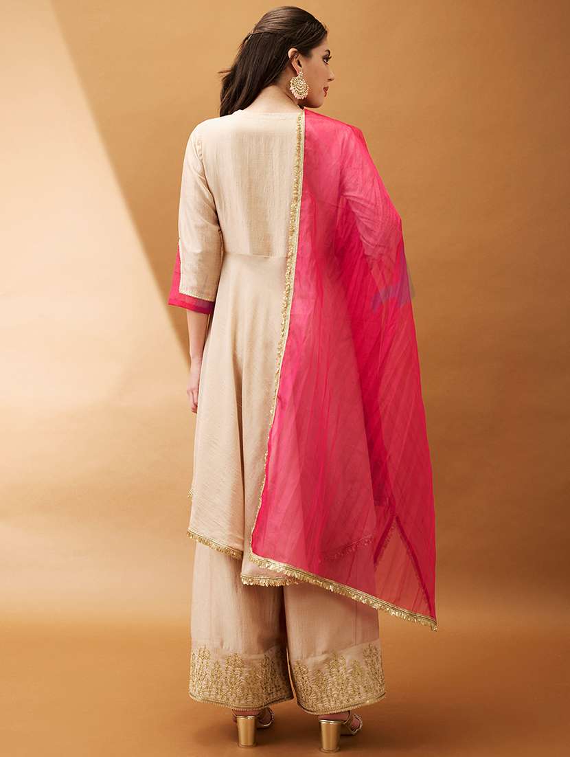 women peach embroidered v-neck asymmetric hem a-line kurta with palazzos & contrast dupatta  - 21918790 -  Standard Image - 2