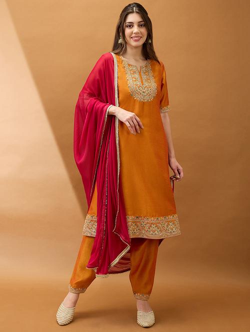 women yellow zari embroidered yoke a-line kurta with pant & contrast dupatta set - 21918791 -  Standard Image - 0