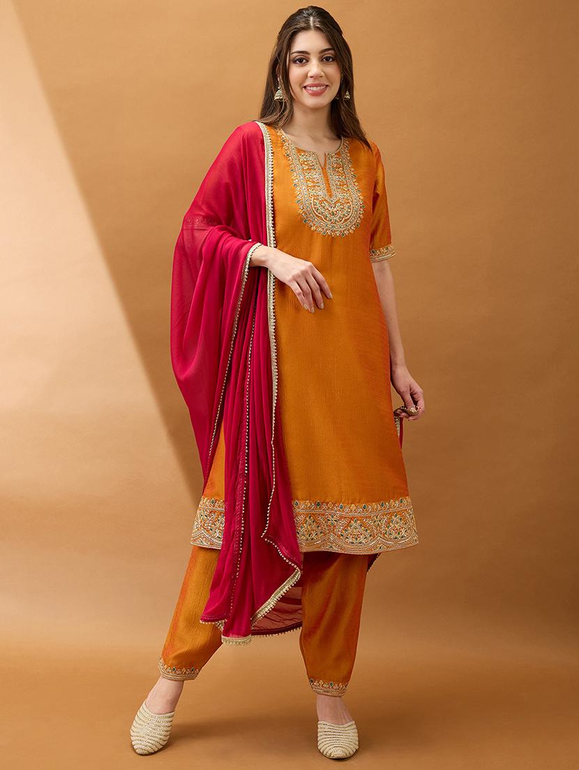 women yellow zari embroidered yoke a-line kurta with pant & contrast dupatta set - 21918791 -  Zoom Image - 0