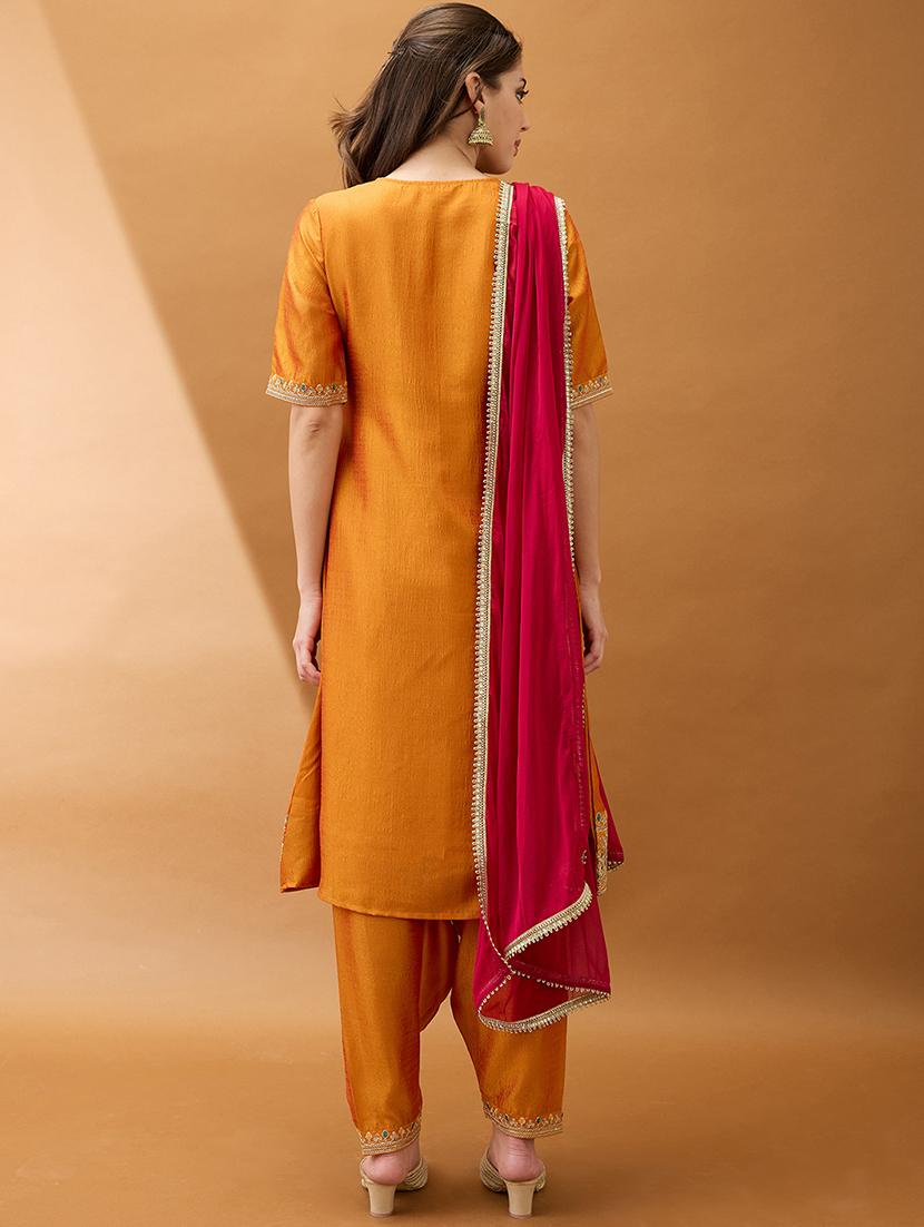 women yellow zari embroidered yoke a-line kurta with pant & contrast dupatta set - 21918791 - Standard Image - 2