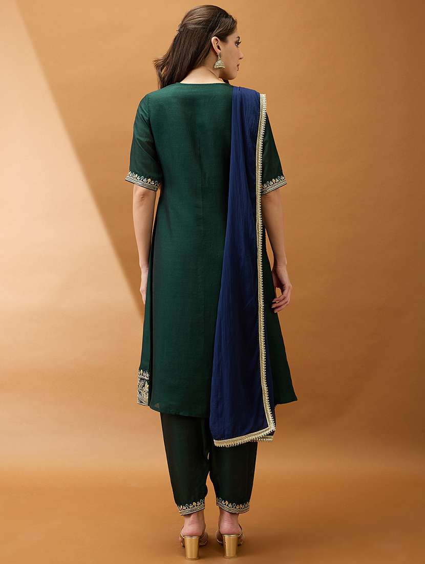 women green sequinned zari embroidered yoke a-line kurta with pant & contrast dupatta set - 21918792 -  Standard Image - 2