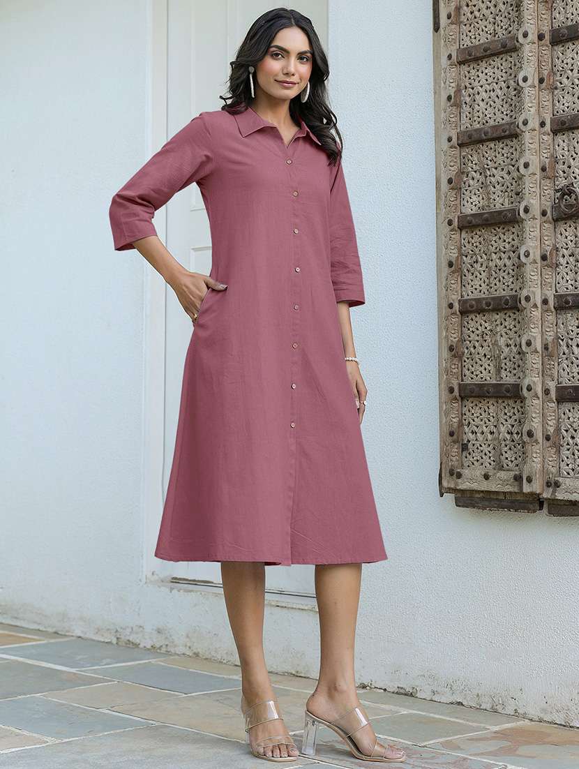 women solid three quarter sleeves a-line dress - 21918808 -  Standard Image - 2