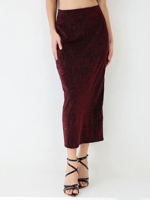women red shimmer mid-rise back slit midi pencil party skirt - 21918811 -  Standard Image - 0