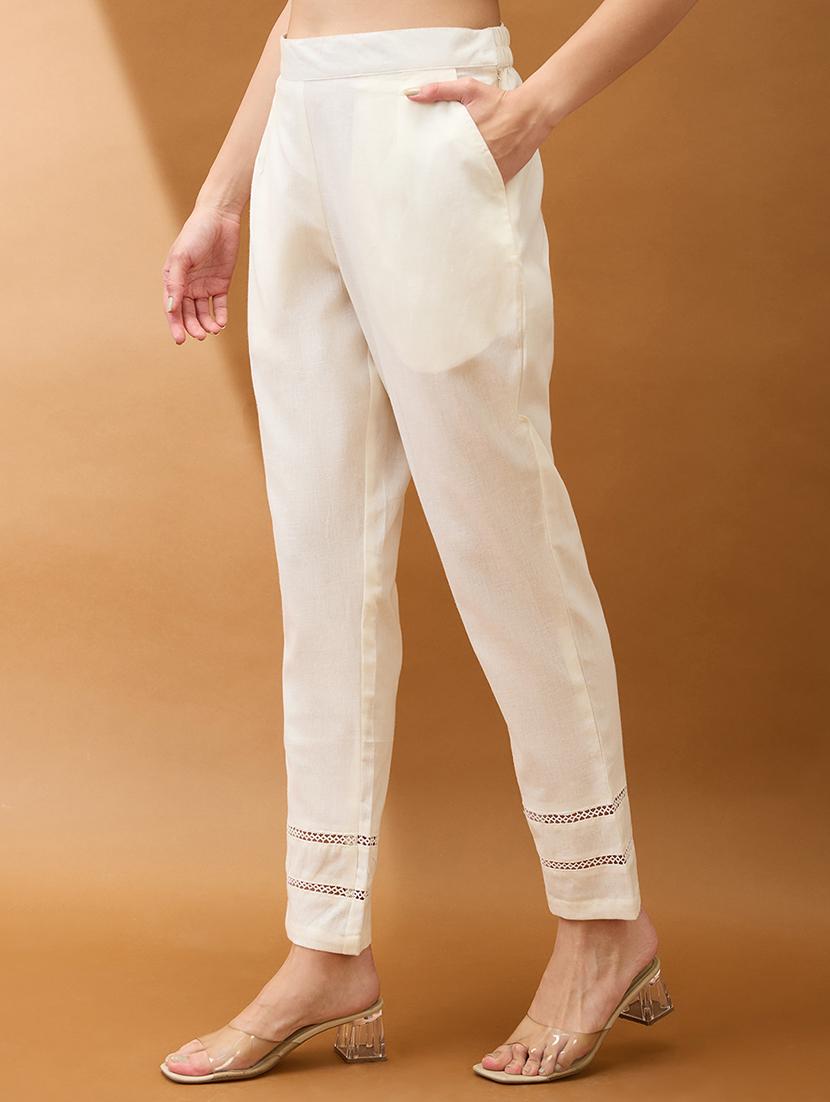 women off white self design lace detail mid rise parallel pant - 21918813 - Standard Image - 2