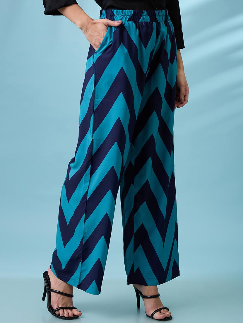women navy blue chevron print hhig rise elasticated wide leg trousers - 21918814 - Standard Image - 2