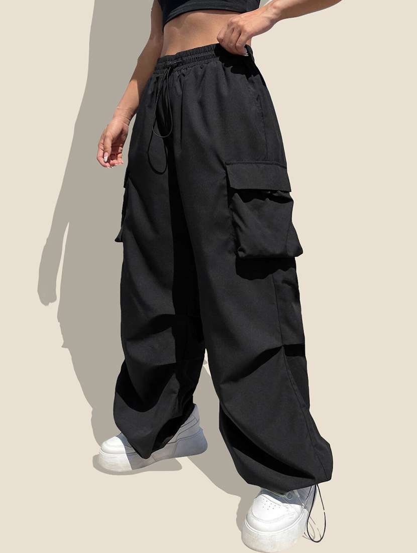 women solid high rise relaxed fit parachute pant