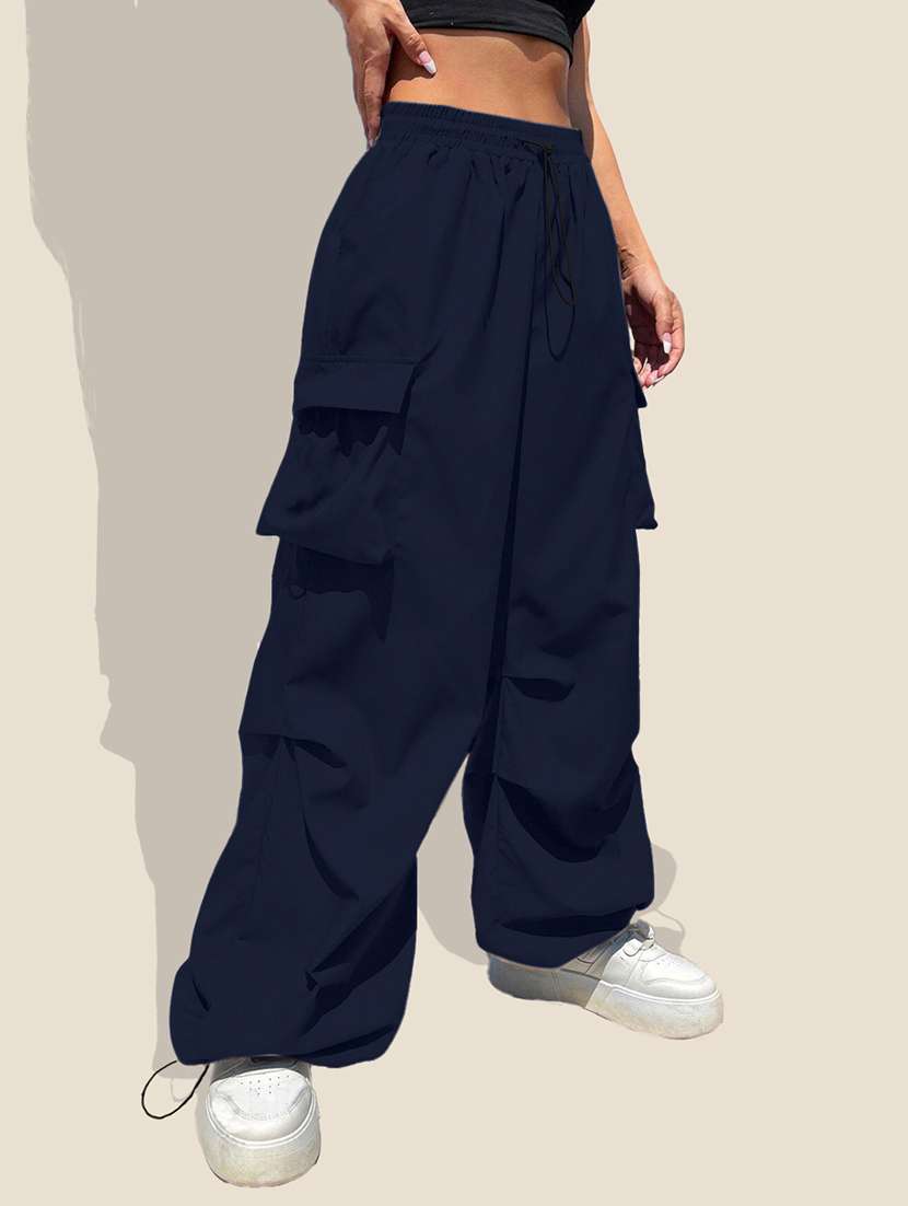 women solid high rise relaxed fit parachute pant