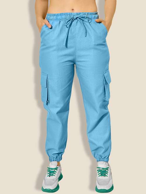women blue solid denim jogger cargo