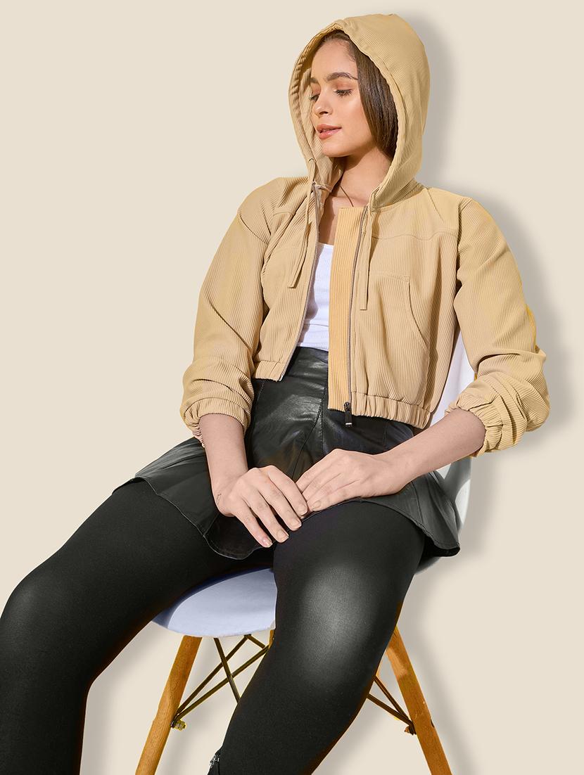 women solid long sleeve crop hooded jacket - 21918831 -  Zoom Image - 0