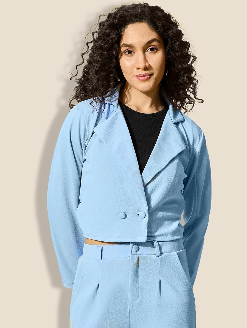women light blue solid long sleeve crop blazer - 21918837 - Zoom Image - 0