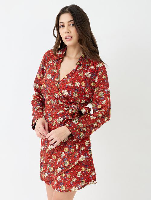 women red collared v-neck cuffed sleeves allover floral print mini tie-up wrap dress - 21918953 - Standard Image - 0
