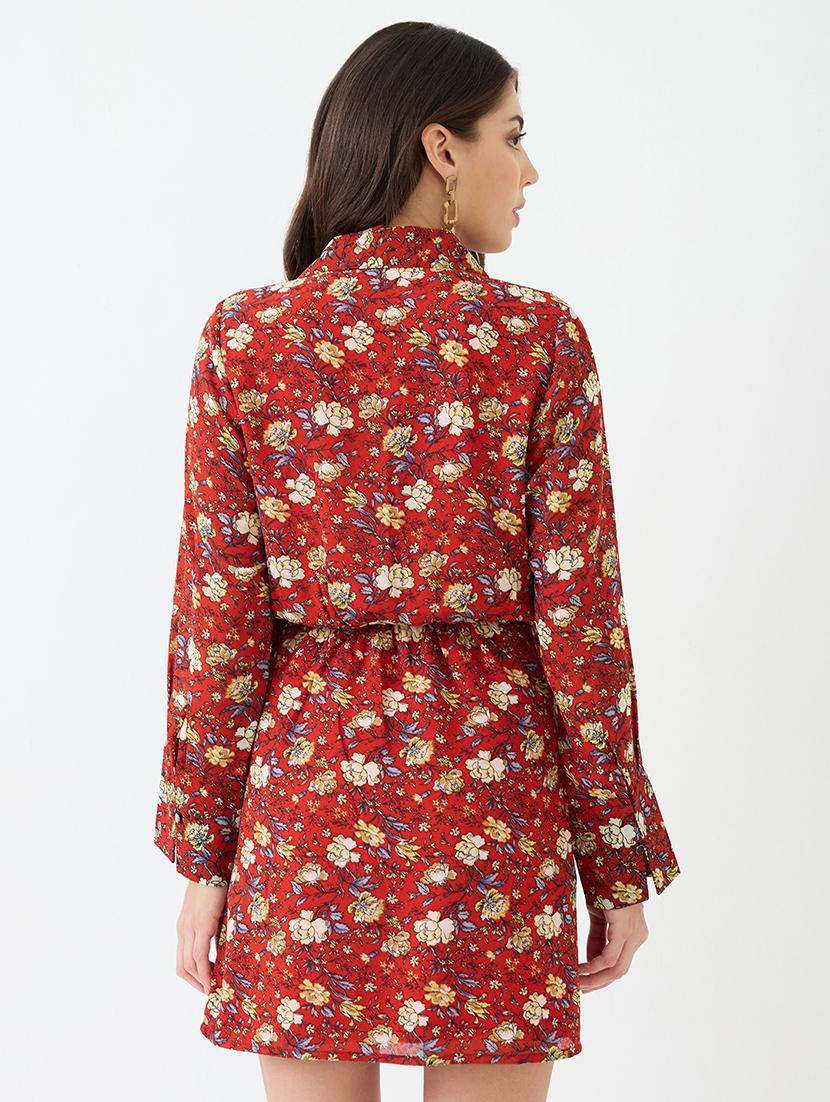 women red collared v-neck cuffed sleeves allover floral print mini tie-up wrap dress - 21918953 - Standard Image - 2