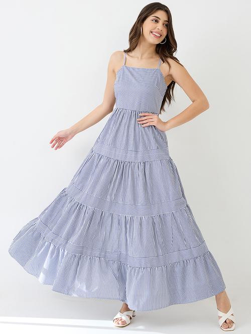 women blue square neck strappy shoulder striped smocked tiered fit & flare maxi dress - 21918954 -  Standard Image - 0