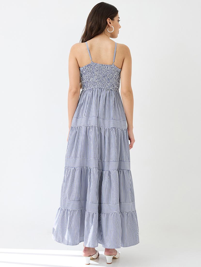 women blue square neck strappy shoulder striped smocked tiered fit & flare maxi dress - 21918954 - Standard Image - 2