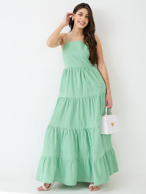 women green square neck strappy shoulder striped smocked tiered fit & flare maxi dress - 21918955 - Standard Image - 0