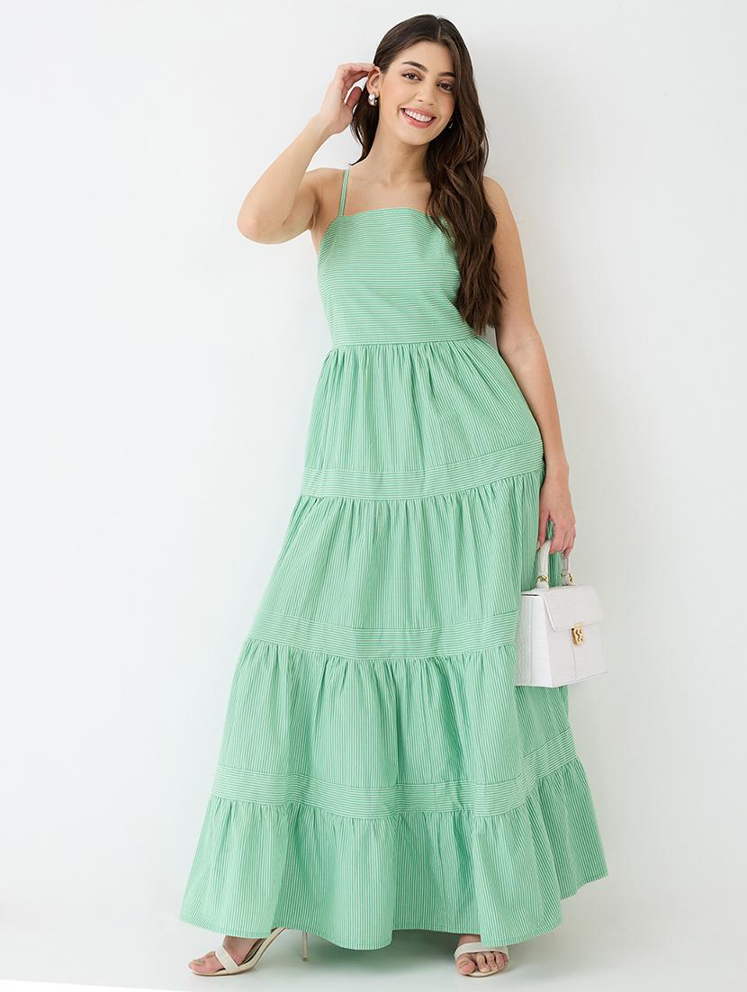 women green square neck strappy shoulder striped smocked tiered fit & flare maxi dress - 21918955 - Zoom Image - 0
