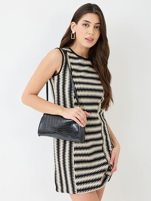 women black round neck straight hem mini sheath crochet dress - 21918956 -  Standard Image - 0