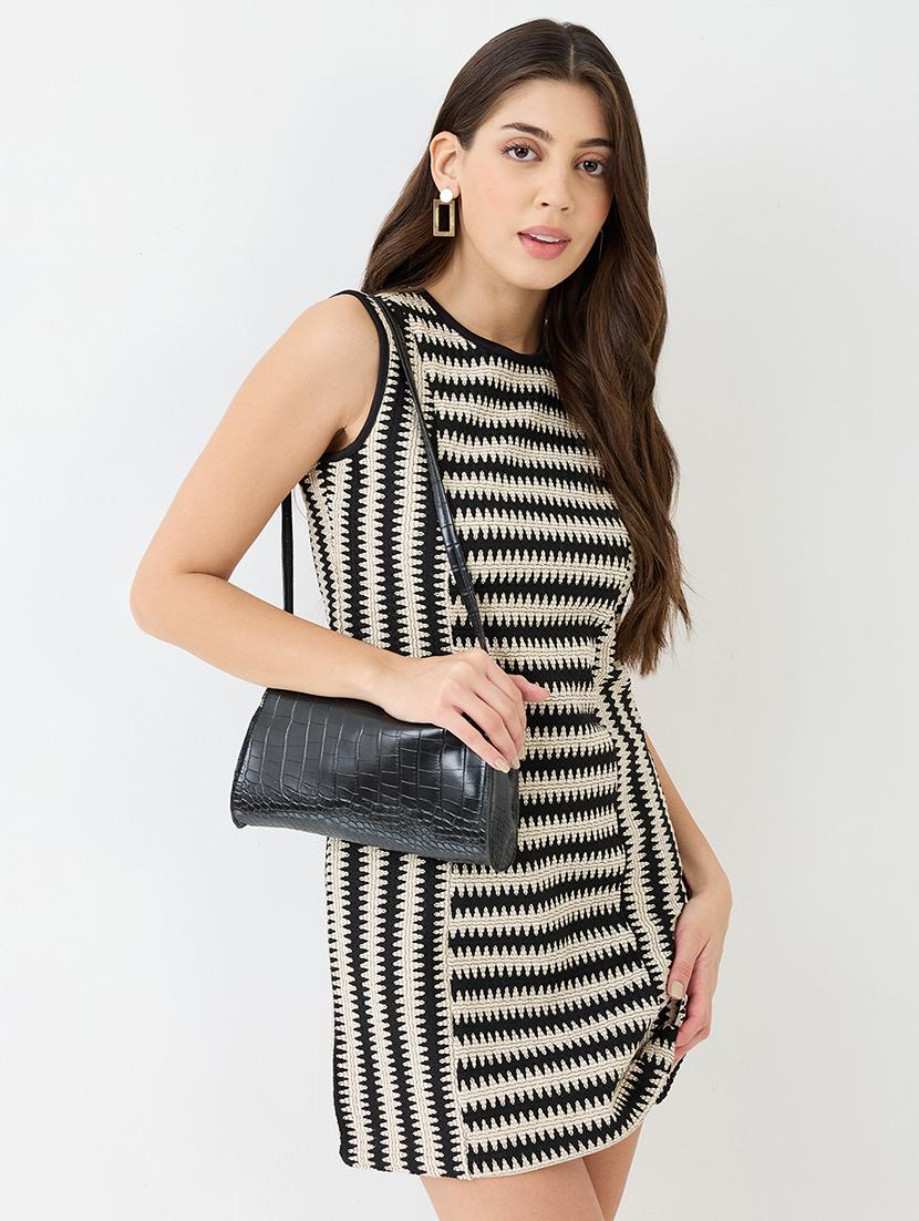 women black round neck straight hem mini sheath crochet dress - 21918956 -  Zoom Image - 0