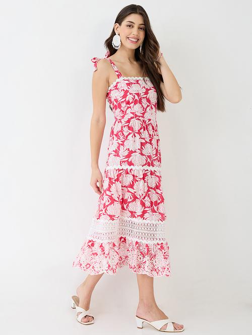women red square neck tie-up strappy shoulder floral print lace inserts tiered schiffli hem fit & flare midi dress - 21918958 -  Standard Image - 0