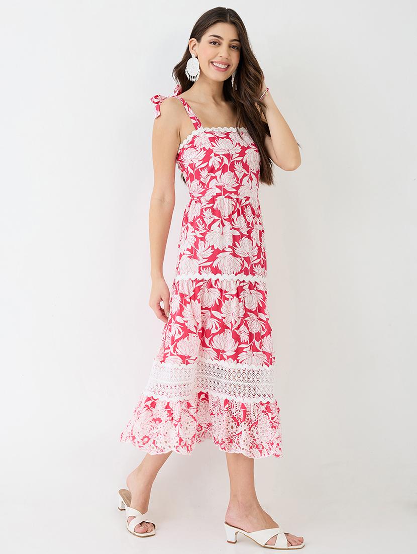 women red square neck tie-up strappy shoulder floral print lace inserts tiered schiffli hem fit & flare midi dress - 21918958 -  Zoom Image - 0
