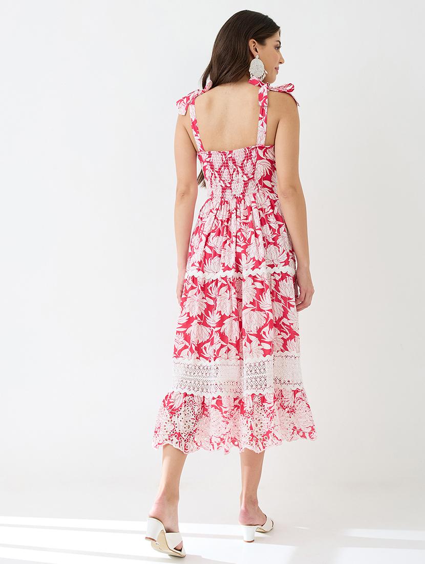 women red square neck tie-up strappy shoulder floral print lace inserts tiered schiffli hem fit & flare midi dress - 21918958 - Standard Image - 2