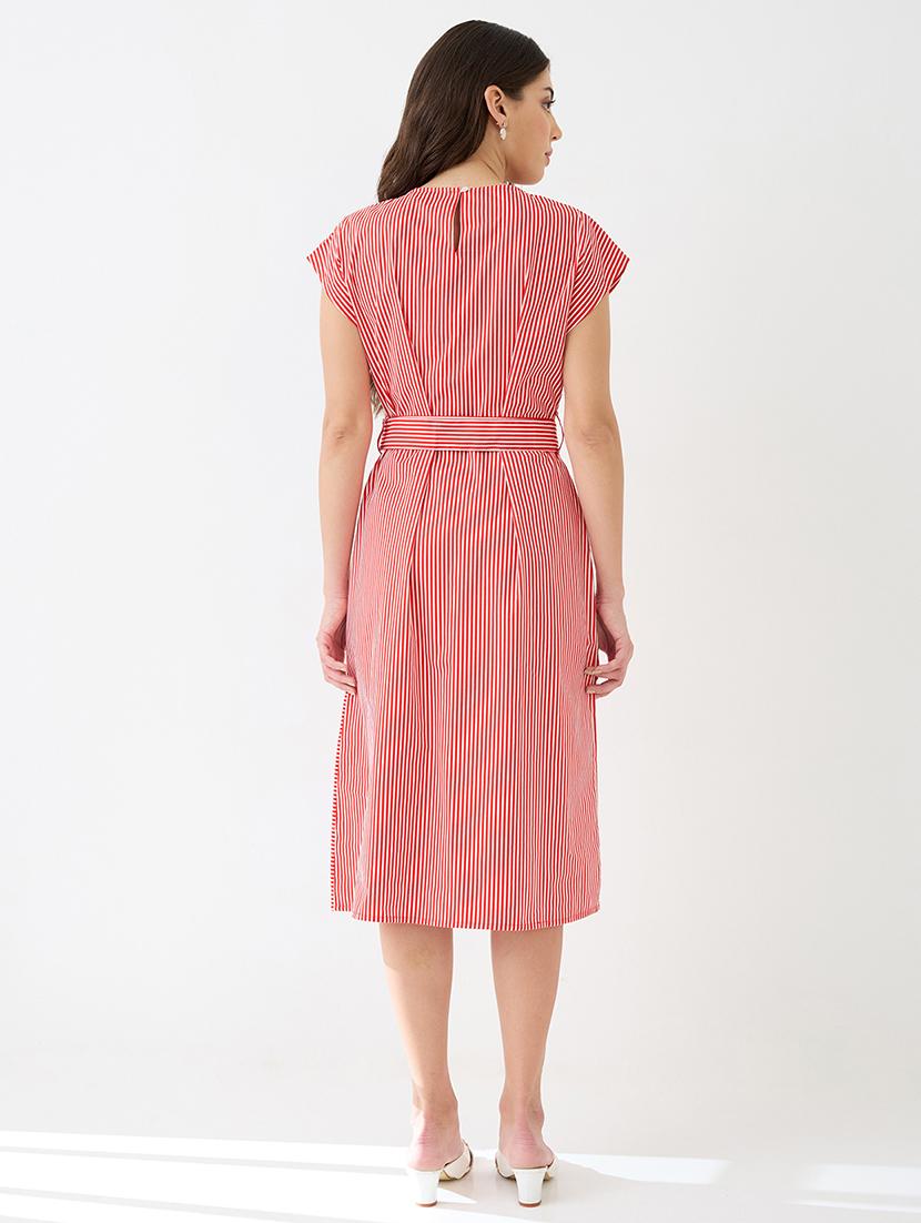 women red round neck extended sleeves striped gathered a-line midi dress with belt - 21918959 - Standard Image - 2