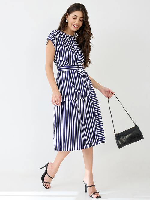 women blue round neck extended sleeves striped gathered a-line midi dress with belt - 21918960 - Standard Image - 0