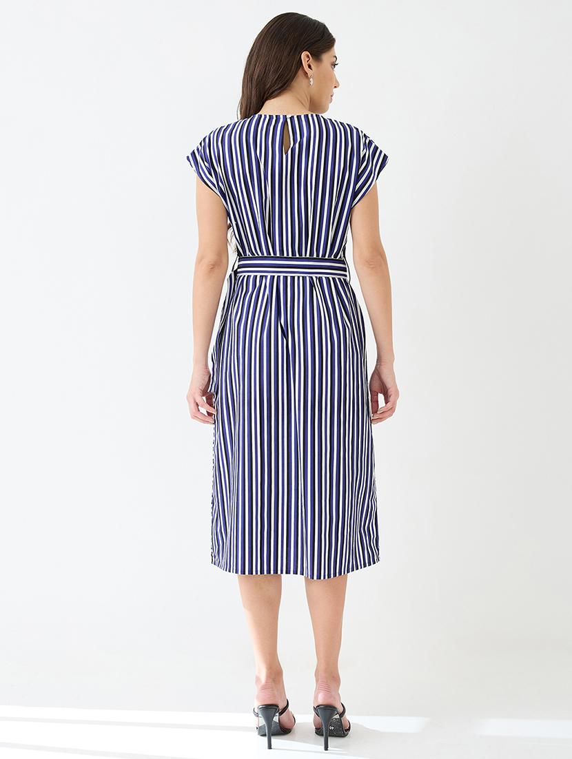 women blue round neck extended sleeves striped gathered a-line midi dress with belt - 21918960 - Standard Image - 2