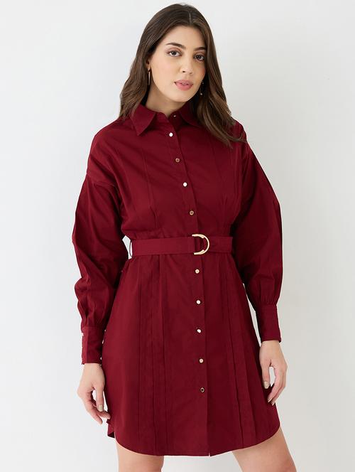 women maroon collared neck cuffed sleeves solid pleated mini workwear shirt dress with d-ring belt - 21918961 - Standard Image - 0