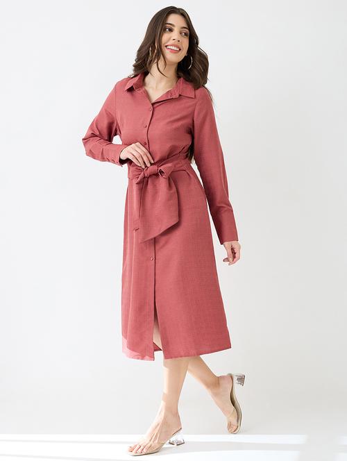women pink collared neck cuffed sleeves self design waist tie-ups midi workwear shirt dress - 21918962 -  Standard Image - 0