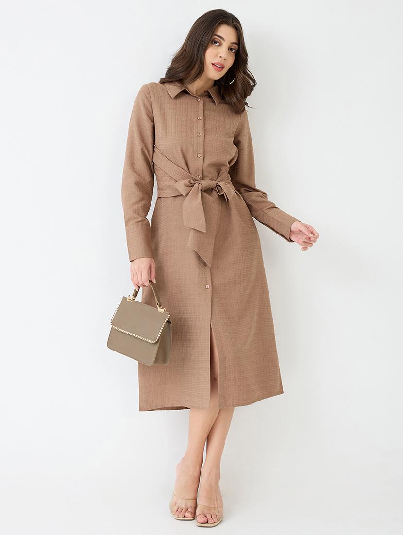 women brown collared neck cuffed sleeves self design waist tie-ups midi workwear shirt dress - 21918963 - Zoom Image - 0
