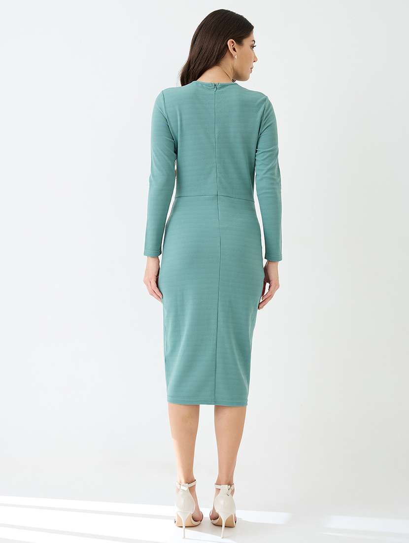 women mint green round neck long sleeves solid twisted detail midi bodycon party dress - 21918964 -  Standard Image - 2