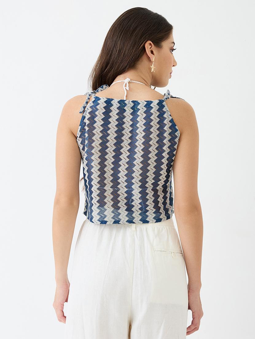 women blue tie-up strappy sleeve chevron pattern crochet crop top - 21918965 - Standard Image - 2
