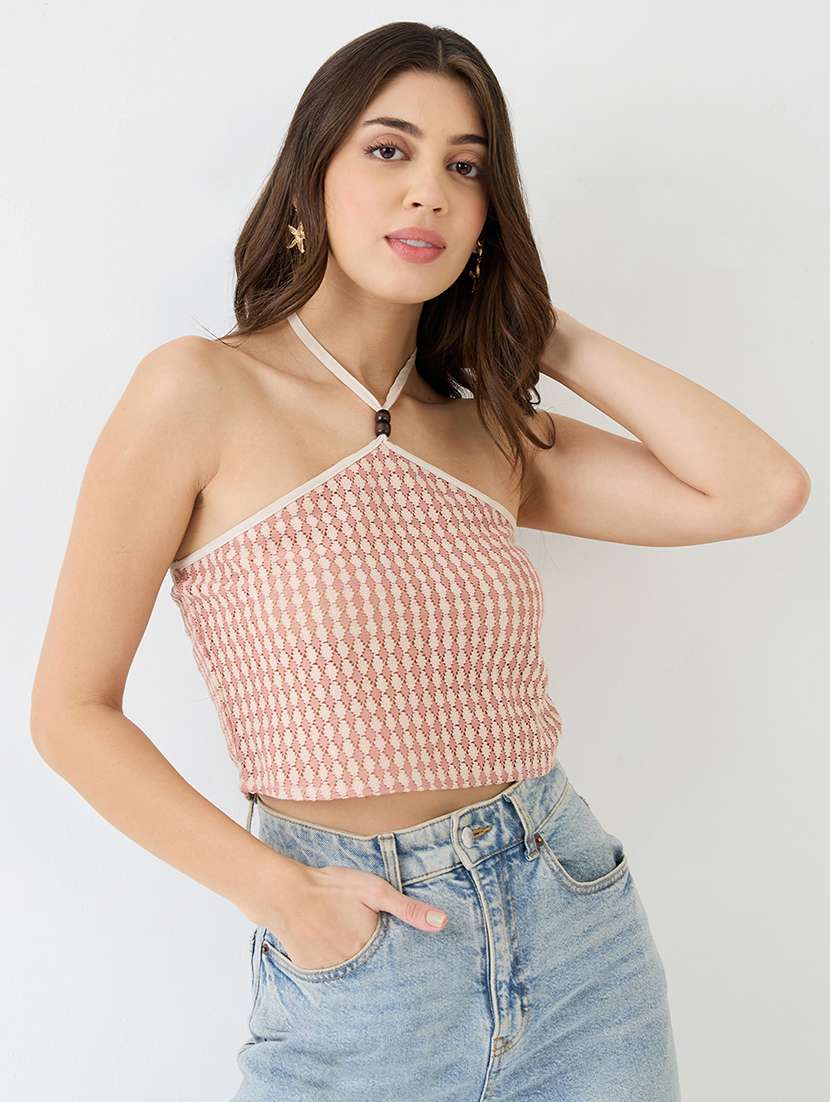 women pink halter neck backless crochet crop top