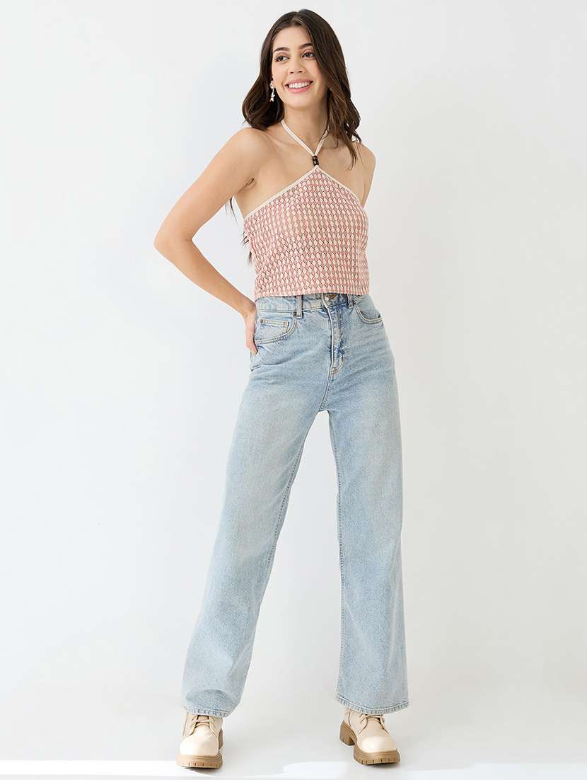 women pink halter neck backless crochet crop top - 21918966 -  Standard Image - 2