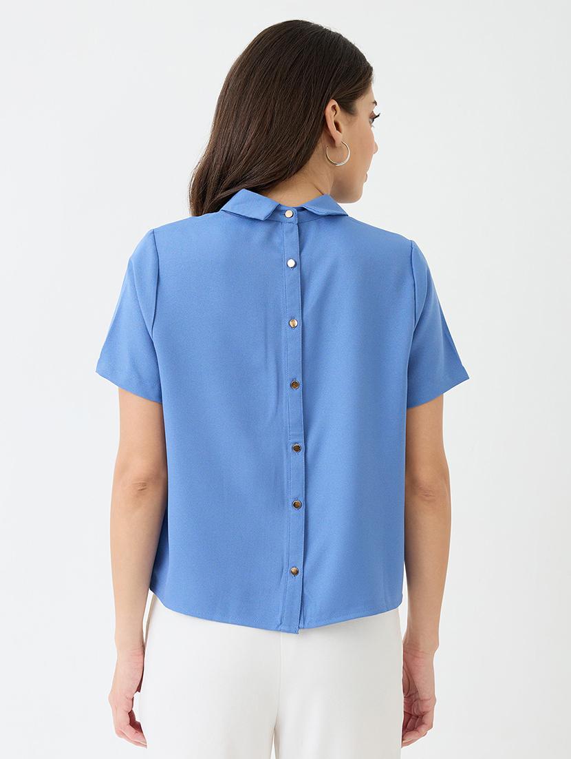women blue short sleeves collared neck back button shirt style workwear top - 21918968 - Standard Image - 2