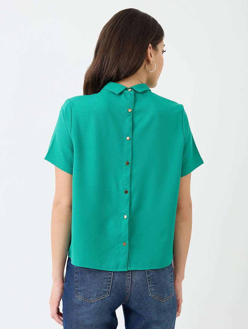 women green short sleeves collared neck back button shirt style workwear top - 21918969 -  Standard Image - 2