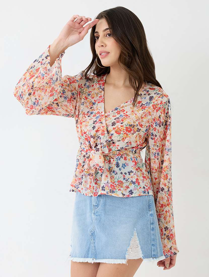 women multicolour georgette floral print wrap waist tie-up flared sleeves peplum top