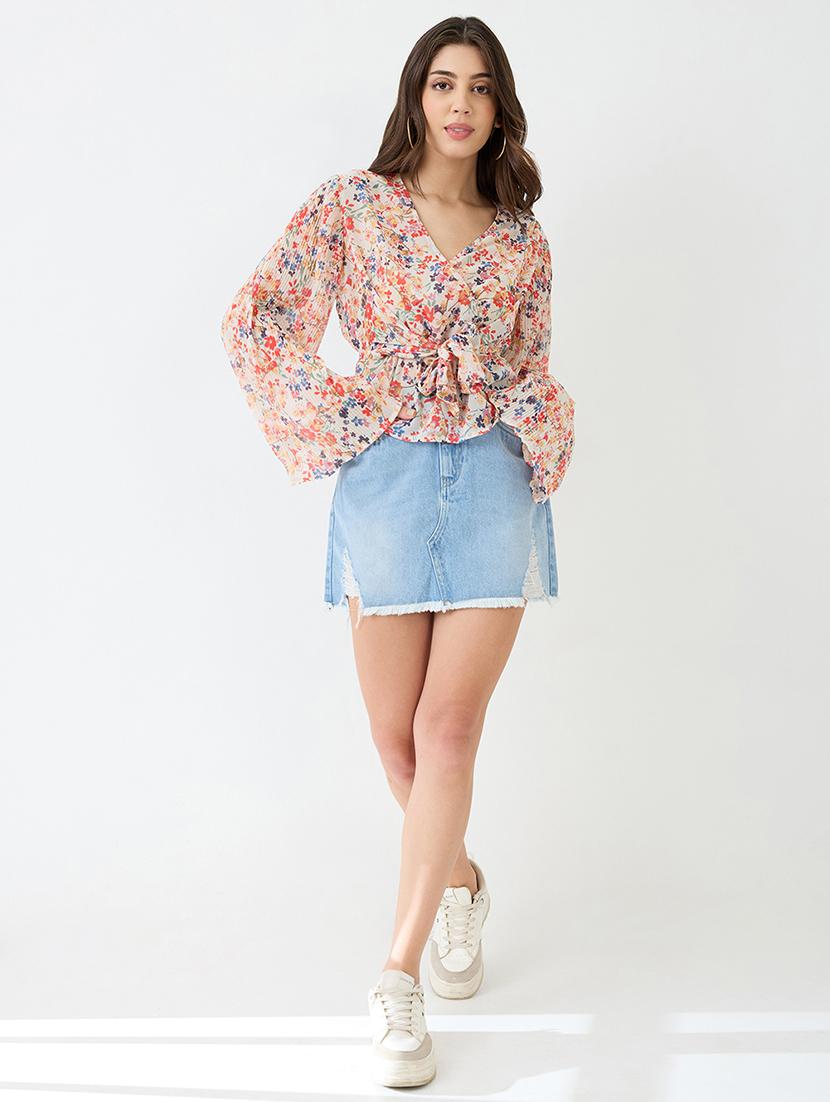 women multicolour georgette floral print wrap waist tie-up flared sleeves peplum top - 21918972 - Standard Image - 2