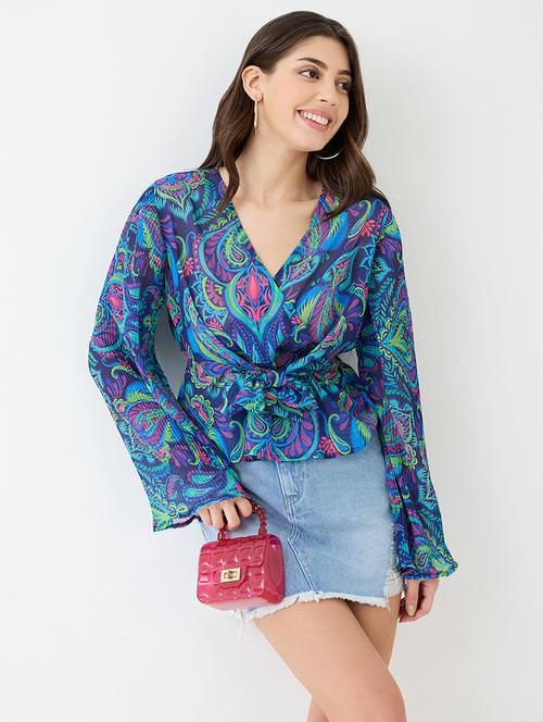 women blue georgette paisley print v-neck wrap waist tie-up flared sleeves peplum top - 21918973 - Standard Image - 0