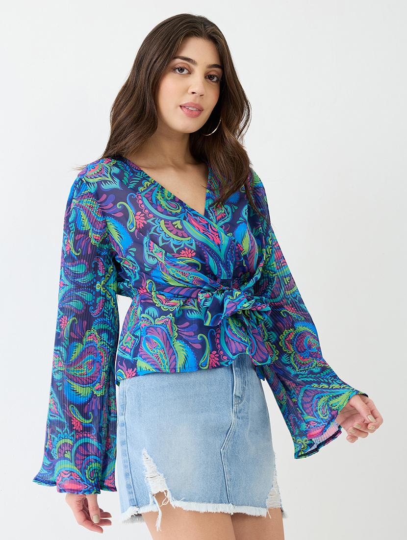 women blue georgette paisley print v-neck wrap waist tie-up flared sleeves peplum top - 21918973 - Standard Image - 2