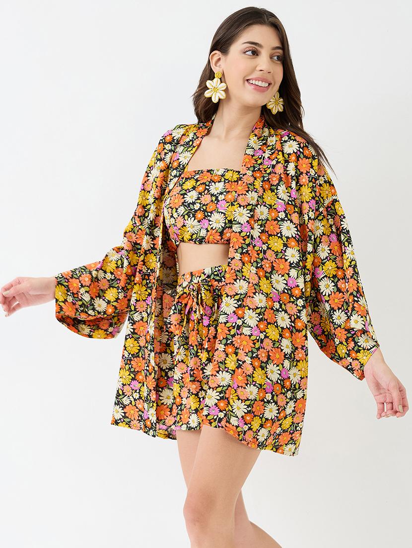 women multi square neck strappy shoulder floral print crop top with shorts & kimono sleeves shrug co-ord set - 21918974 - Standard Image - 2