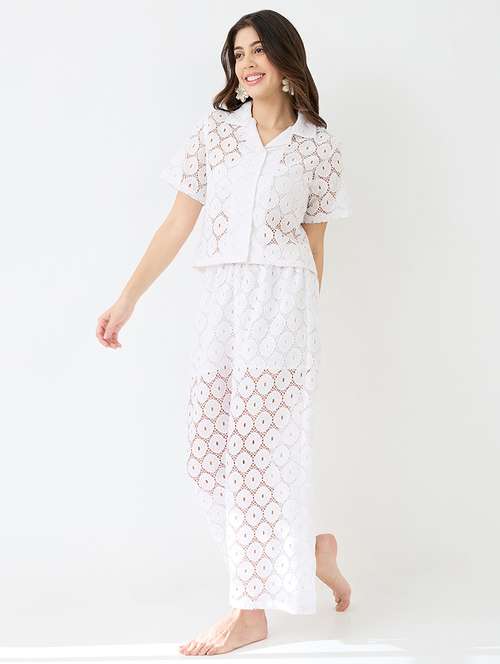 women white notched lapel short sleeves crochet shirt & wide leg trousers co-ord set